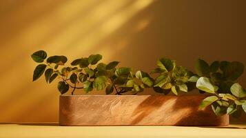 AI generated 3d rendered stone empty display podium with leaves Minimal scene for product display presentation photo