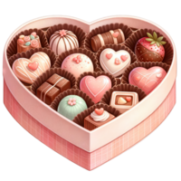 AI generated Watercolor assorted chocolates in pink heart shaped box png