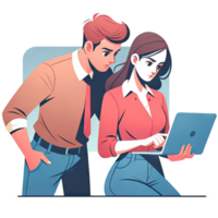 AI generated Man and woman taking online class and exploring knowledge with a laptop in flat art style png