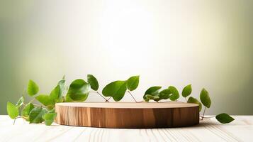 AI generated 3d rendered wooden empty display podium with leaves Minimal scene for product display presentation photo