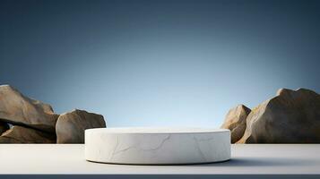 AI generated 3d rendered white empty Luxury natural stone podium with leaves for showing packaging and product on black background, copy space photo