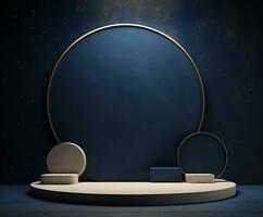 AI generated 3d rendered empty display elegant luxury blue and gold theme podium with leaves Minimal scene for product display presentation photo