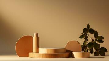 AI generated 3d rendered wooden empty display podium Minimal scene for product display presentation photo