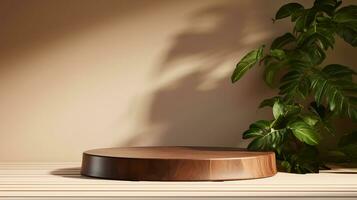 AI generated 3d rendered wooden empty display podium with leaves Minimal scene for product display presentation photo