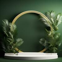 AI generated 3d rendered empty display elegant luxury green and gold theme podium with leaves Minimal scene for product display presentation photo