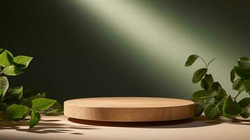 AI generated 3d rendered wooden empty display podium with leaves Minimal scene for product display presentation photo