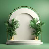 AI generated 3d rendered empty display elegant luxury green and gold theme podium with leaves Minimal scene for product display presentation photo