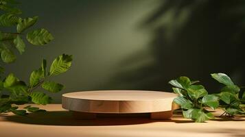 AI generated 3d rendered wooden empty display podium with leaves Minimal scene for product display presentation photo