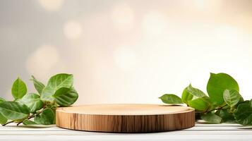 AI generated 3d rendered wooden empty display podium with leaves Minimal scene for product display presentation photo