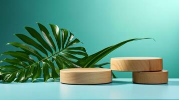 AI generated 3d rendered blue empty display podium with leaves Minimal scene for product display presentation photo