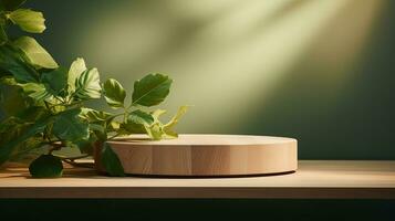 AI generated 3d rendered wooden empty display podium with leaves Minimal scene for product display presentation photo