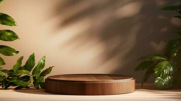 AI generated 3d rendered wooden empty display podium with leaves Minimal scene for product display presentation photo