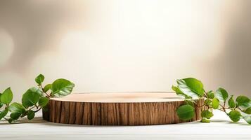 AI generated 3d rendered wooden empty display podium with leaves Minimal scene for product display presentation photo