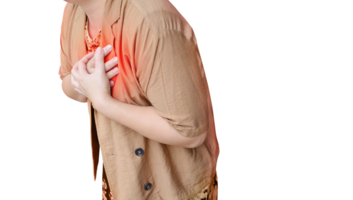 Woman holding hands on chest have pain PNG transparent