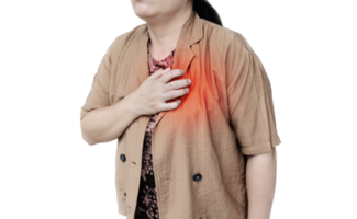 Woman holding hands on chest have pain PNG transparent