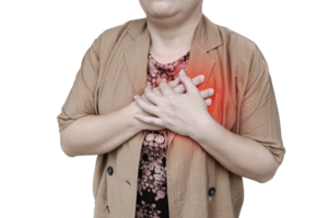 Woman holding hands on chest have pain PNG transparent