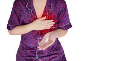 Woman puts her hand on her chest have pain On hand there is medicine PNG transparent