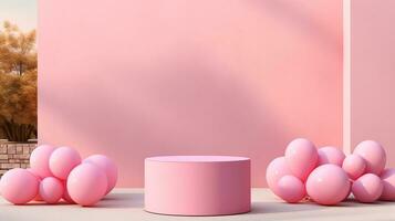 AI generated pink round table with balloons and a wall photo