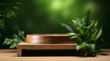 AI generated 3d rendered wooden empty display podium with leaves Minimal scene for product display presentation photo