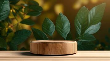 AI generated 3d rendered wooden empty display podium with leaves Minimal scene for product display presentation photo