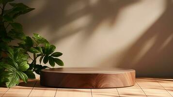 AI generated 3d rendered wooden empty display podium with leaves Minimal scene for product display presentation photo
