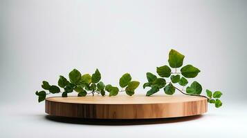 AI generated 3d rendered wooden empty display podium with leaves Minimal scene for product display presentation photo