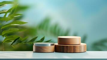 AI generated 3d rendered blue empty display podium with leaves Minimal scene for product display presentation photo