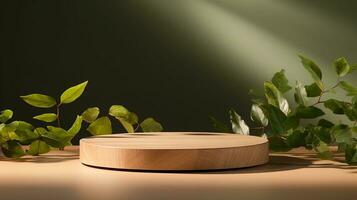 AI generated 3d rendered wooden empty display podium with leaves Minimal scene for product display presentation photo