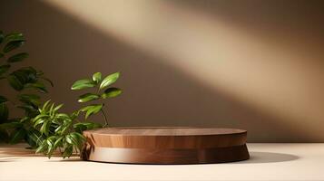 AI generated 3d rendered wooden empty display podium with leaves Minimal scene for product display presentation photo