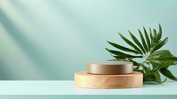 AI generated 3d rendered blue empty display podium with leaves Minimal scene for product display presentation photo