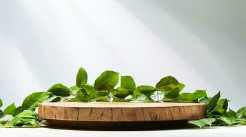 AI generated 3d rendered wooden empty display podium with leaves Minimal scene for product display presentation photo