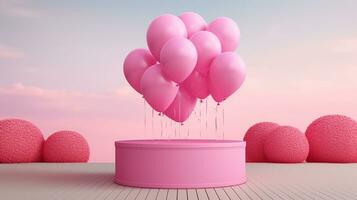 AI generated pink round table with balloons and a wall photo