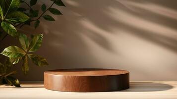 AI generated 3d rendered wooden empty display podium with leaves Minimal scene for product display presentation photo