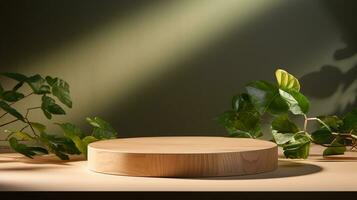 AI generated 3d rendered wooden empty display podium with leaves Minimal scene for product display presentation photo