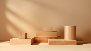 AI generated 3d rendered wooden empty display podium Minimal scene for product display presentation photo