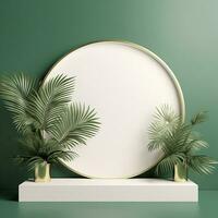 AI generated 3d rendered empty display elegant luxury green and gold theme podium with leaves Minimal scene for product display presentation photo