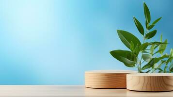 AI generated 3d rendered blue empty display podium with leaves Minimal scene for product display presentation photo