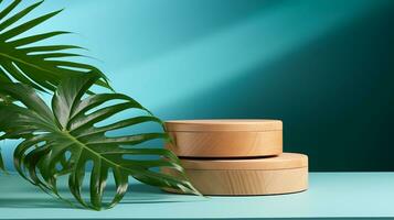 AI generated 3d rendered blue empty display podium with leaves Minimal scene for product display presentation photo