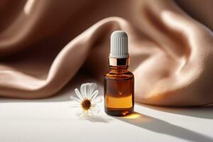 AI generated Amber glass cosmetic dropper bottle with black lid on a natural background with shadows and chamomile flowers. Skincare products photo
