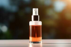 AI generated Amber glass cosmetic dropper bottle with black lid on a natural blurred background . Skincare products , natural cosmetic. Beauty wellbeing product for face and body care photo