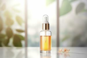 AI generated Amber glass cosmetic dropper bottle with lid on a natural blurred background . Skincare products , natural cosmetic. Beauty wellbeing product for face and body care photo