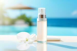 AI generated Cosmetic spa medical skincare, glass serum bottle with collagen on blue water background with waves. photo
