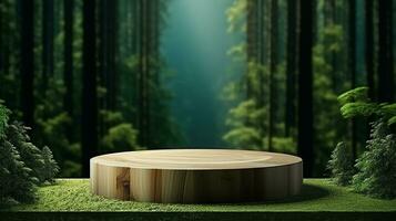 AI generated wooden podium product display in jungle or stage product showcase mock up Minimal scene for product display presentation photo