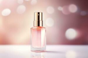 AI generated Amber glass cosmetic dropper bottle with lid on a natural blurred background . Skincare products , natural cosmetic. Beauty wellbeing product for face and body care photo