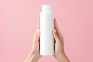 AI generated White empty facewash bottle in women hand photo