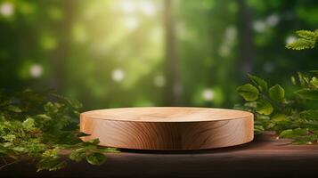 AI generated wooden podium product display in jungle or stage product showcase mock up Minimal scene for product display presentation photo