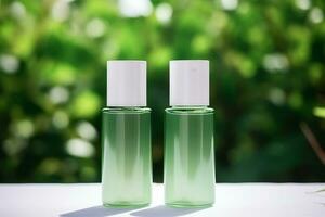 AI generated Bottles of oil and leaves on table against blurred background Natural cosmetic products presentation Beauty, wellness, body care spa concept. photo