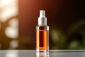 AI generated Amber glass cosmetic dropper bottle with black lid on a natural blurred background . Skincare products , natural cosmetic. Beauty wellbeing product for face and body care photo