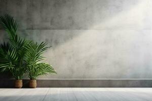 AI generated Empty white room with a wooden floor and plants. minimal with copy space photo