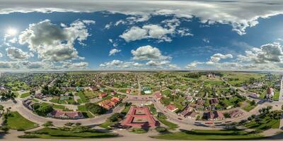 aerial hdri 360 panorama view from great height on buildings, churches and center market square of provincial city in equirectangular seamless spherical  projection. use as sky replacement for drone photo